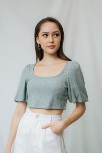 Jannet Knit Puffed Sleeves Crop Top in Seafoam (L)