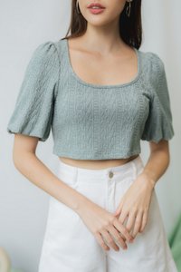 Jannet Knit Puffed Sleeves Crop Top in Seafoam (L)