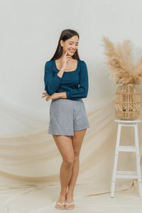 Xenia Cotton Long Sleeve Top in Teal Blue (XS)
