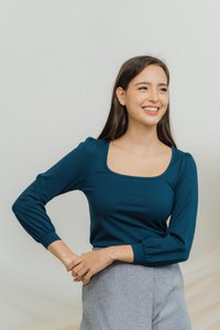Xenia Cotton Long Sleeve Top in Teal Blue (XS)