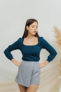 Xenia Cotton Long Sleeve Top in Teal Blue (XS)