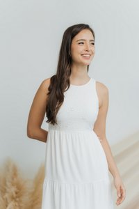 Carrie Eyelet Tiered Midi Dress in White (M)