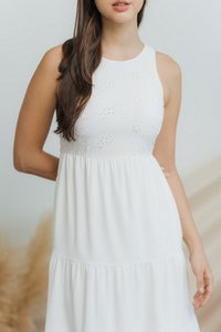Carrie Eyelet Tiered Midi Dress in White (M)