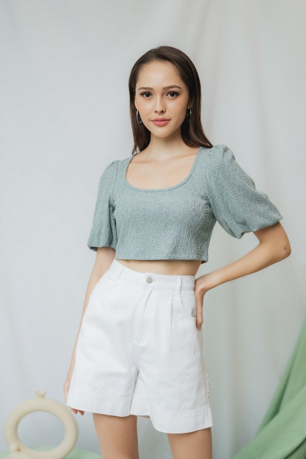 Jannet Knit Puffed Sleeves Crop Top in Seafoam (L)