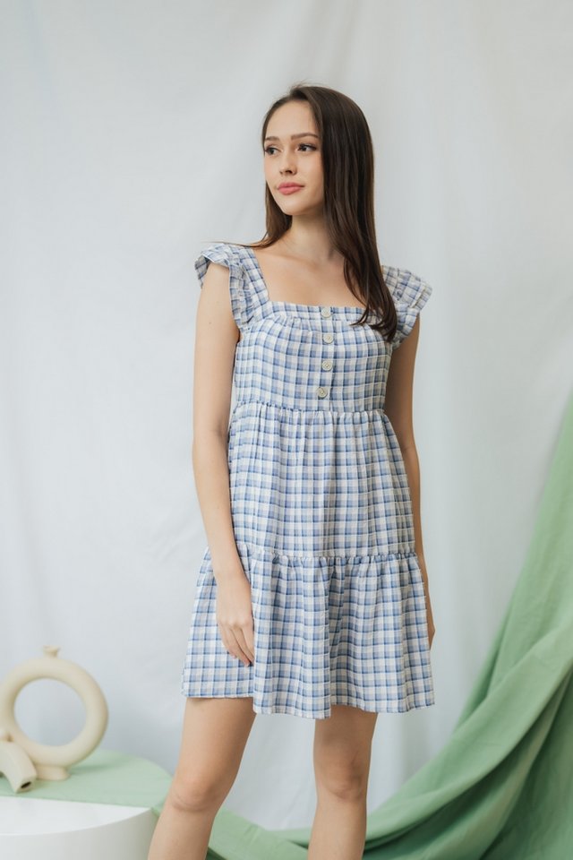 Camelia Gingham Tiered Babydoll Dress in Blue