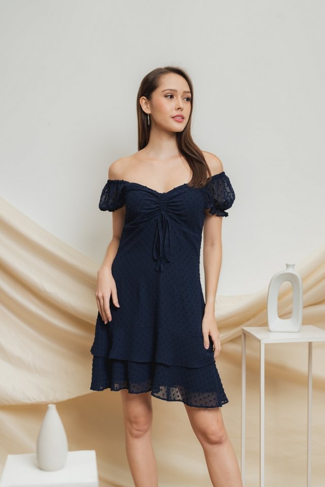 Ivanna Swiss Dots Ruched Dress in Navy (XS)
