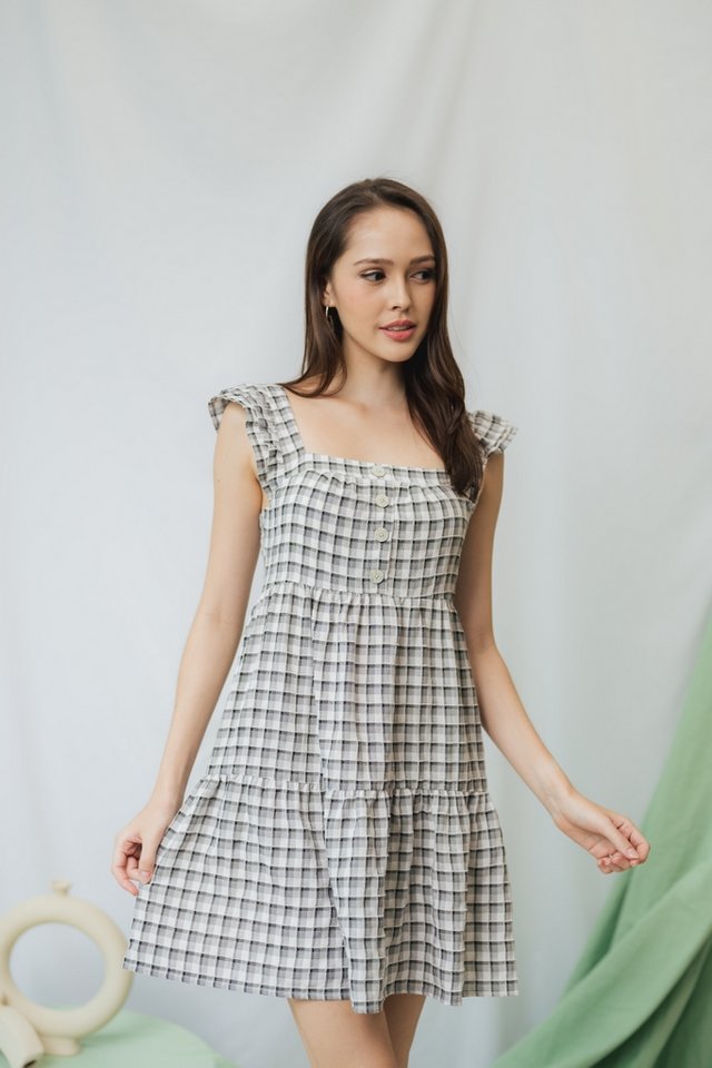 Camelia Gingham Tiered Babydoll Dress in Black