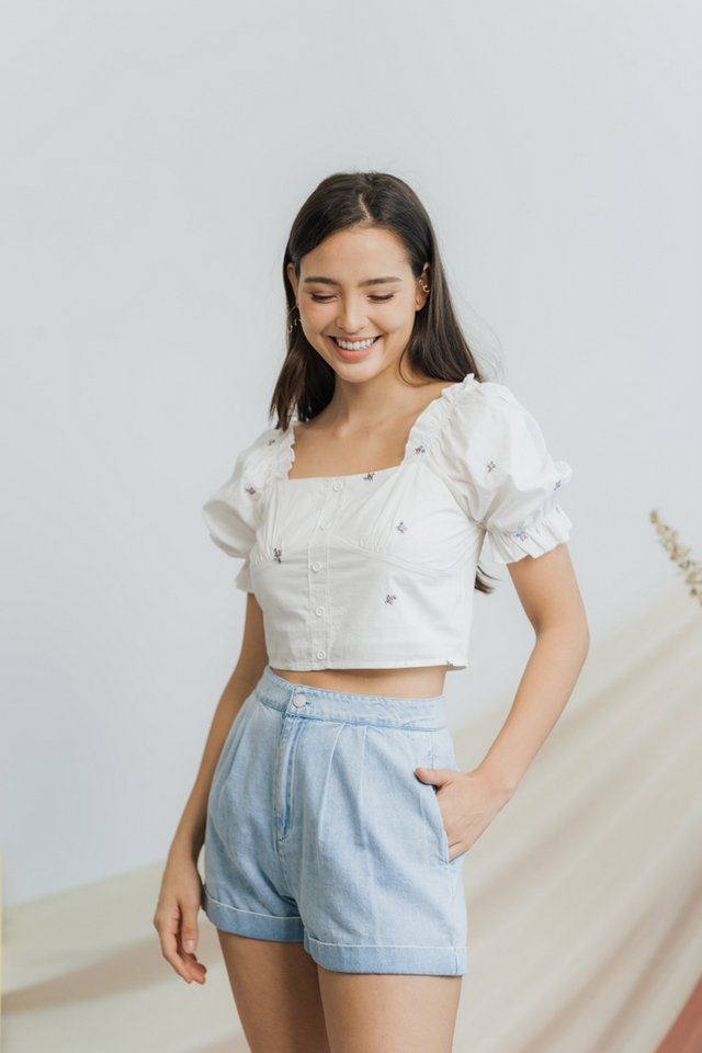 Reane Floral Embroidered Top in White