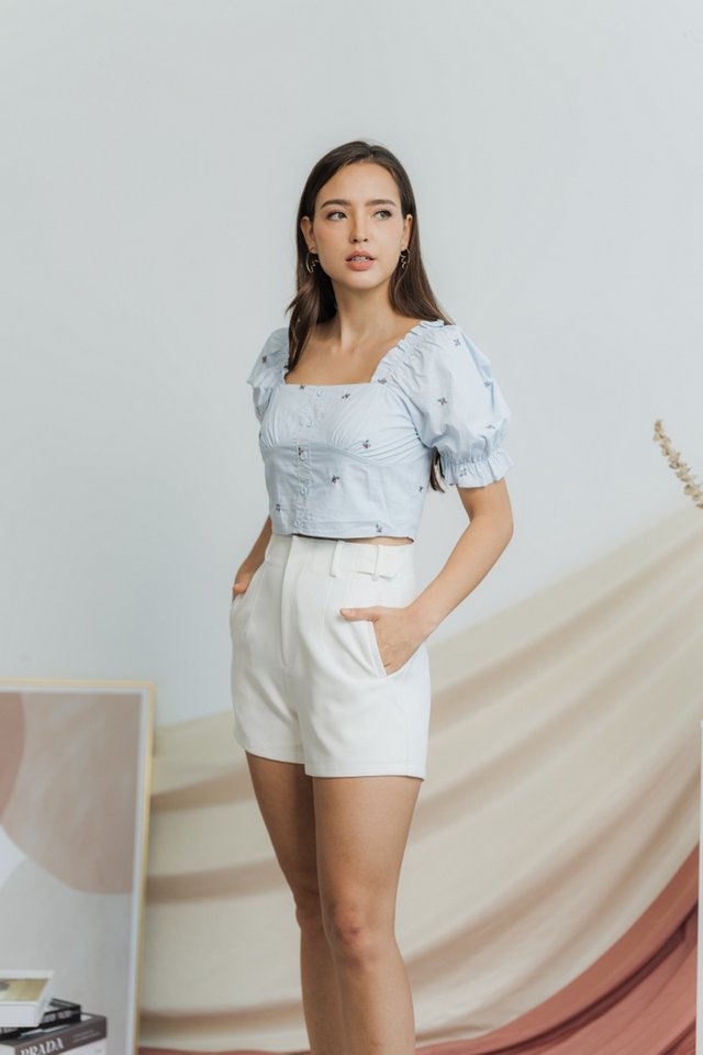 Reane Floral Embroidered Top in Powder Blue