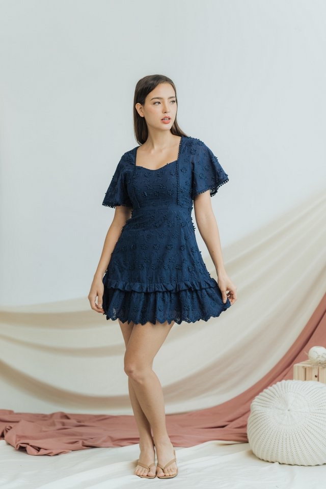 Megan 3D Floral Embroidery Dress in Navy (XS)