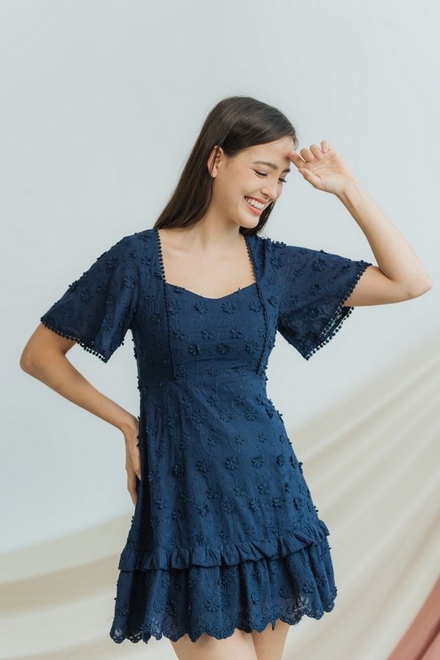 Megan 3D Floral Embroidery Dress in Navy