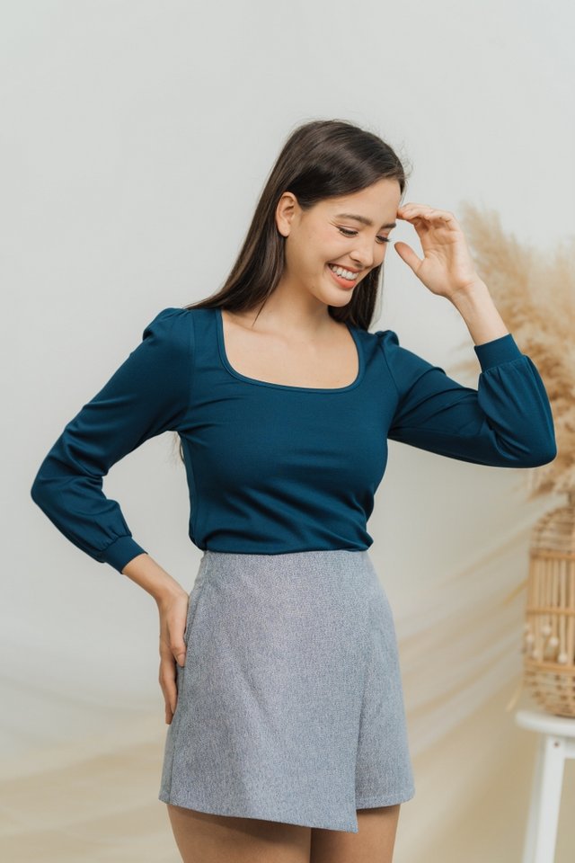 Xenia Cotton Long Sleeve Top in Teal Blue