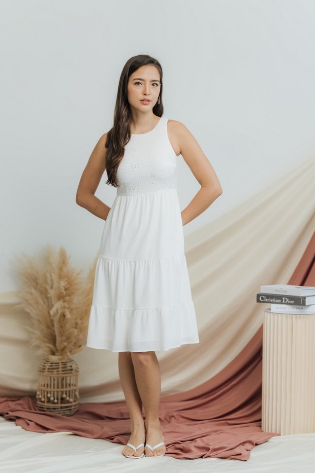 Carrie Eyelet Tiered Midi Dress in White