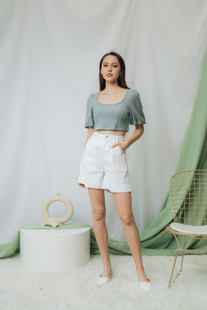 Jannet Knit Puffed Sleeves Crop Top in Seafoam (L)