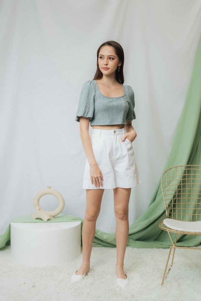 Jannet Knit Puffed Sleeves Crop Top in Seafoam (L)