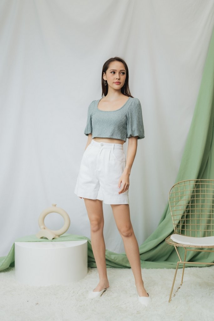 Jannet Knit Puffed Sleeves Crop Top in Seafoam (L)