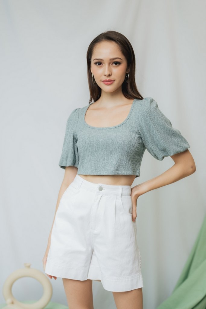 Jannet Knit Puffed Sleeves Crop Top in Seafoam (L)
