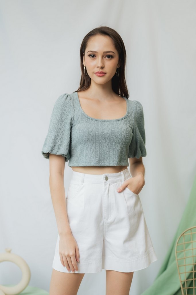Jannet Knit Puffed Sleeves Crop Top in Seafoam (L)
