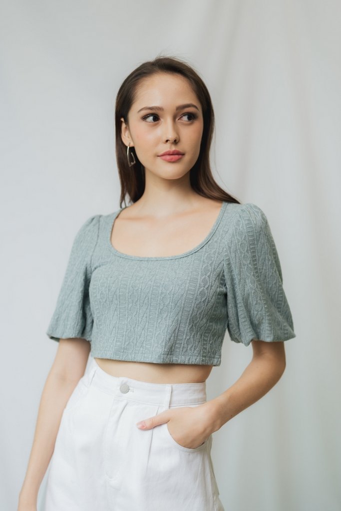 Jannet Knit Puffed Sleeves Crop Top in Seafoam (L)