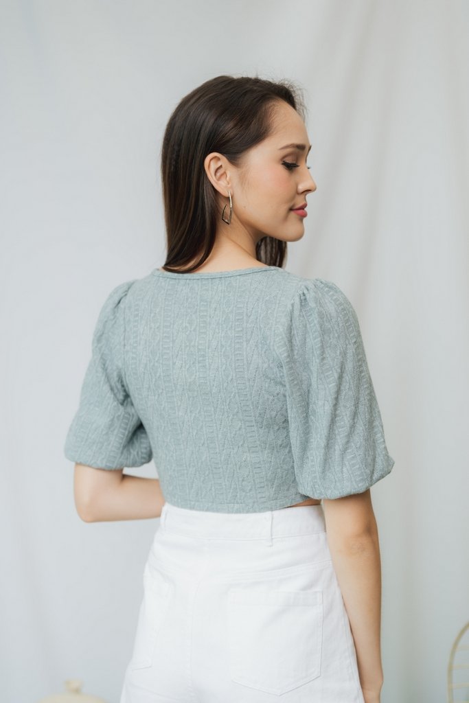 Jannet Knit Puffed Sleeves Crop Top in Seafoam (L)