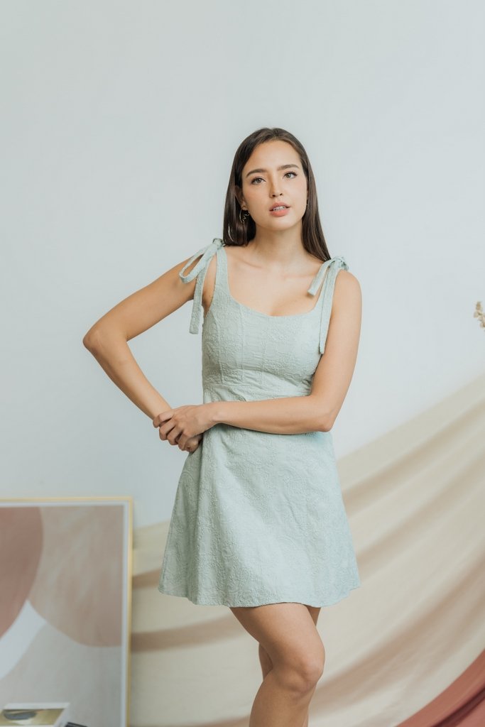 Carrie Broderie Tie Ribbon Dress in Sage