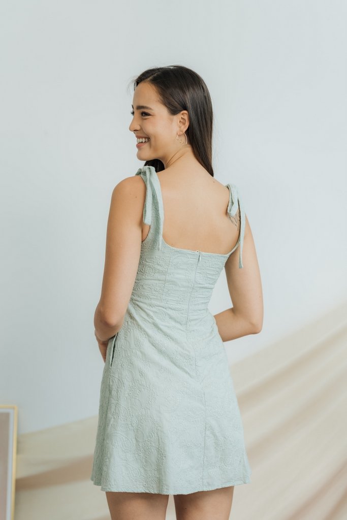 Carrie Broderie Tie Ribbon Dress in Sage