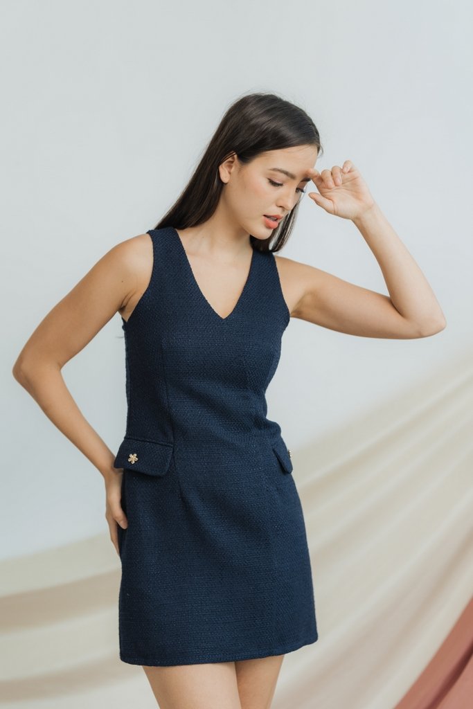 Carol Tweed Front Pocket Dress in Navy (XS)