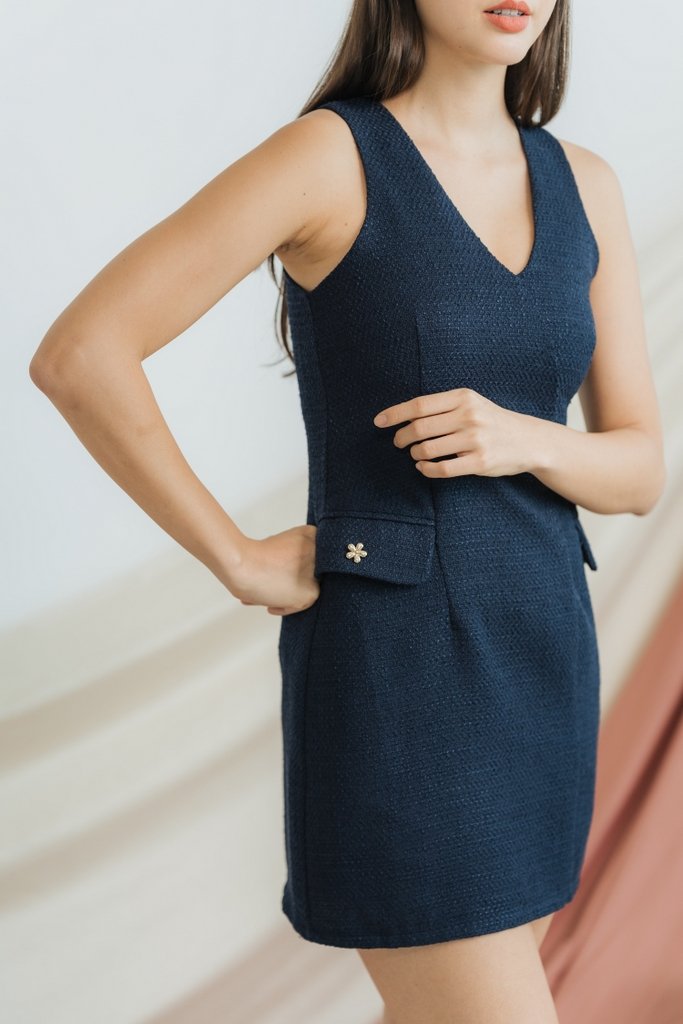 Carol Tweed Front Pocket Dress in Navy (XS)