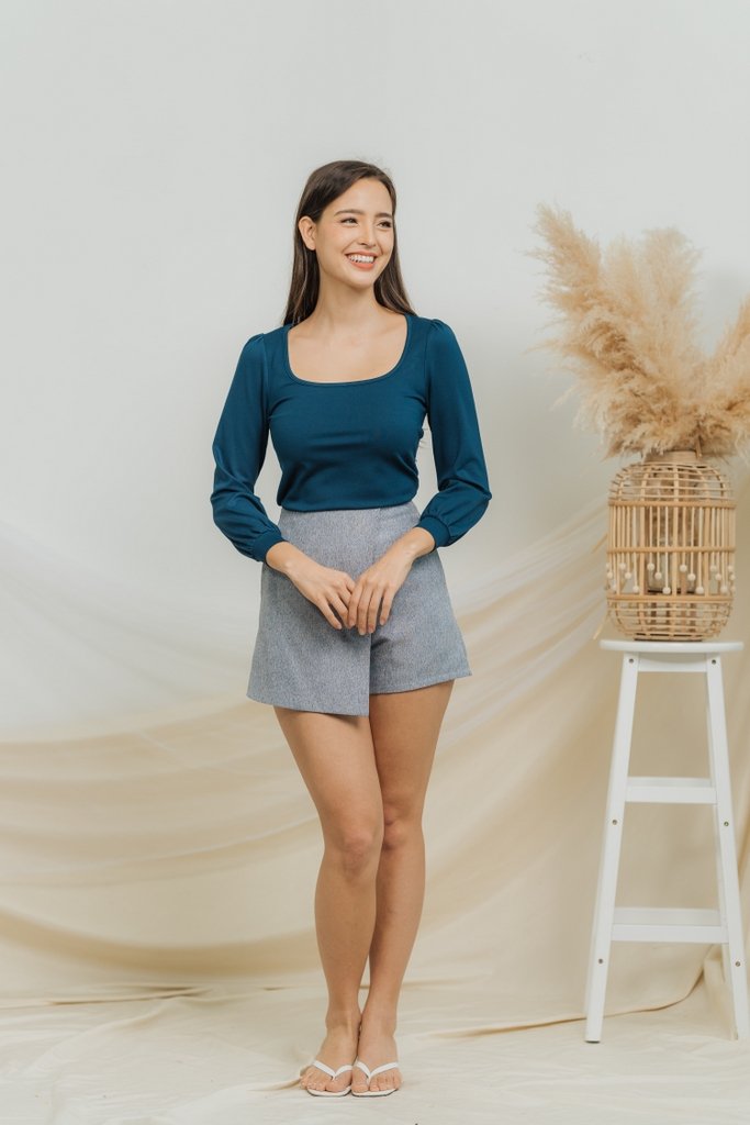 Xenia Cotton Long Sleeve Top in Teal Blue (XS)