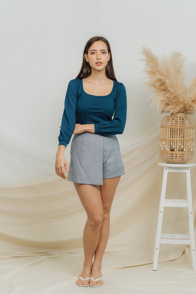 Xenia Cotton Long Sleeve Top in Teal Blue (XS)