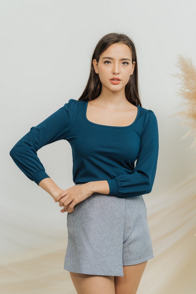 Xenia Cotton Long Sleeve Top in Teal Blue (XS)
