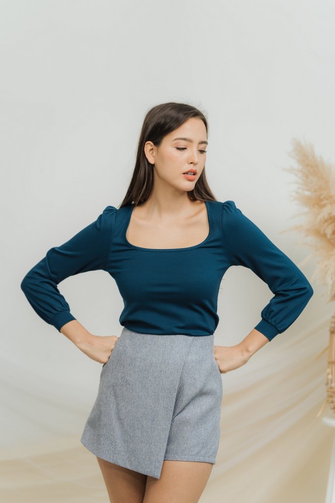 Xenia Cotton Long Sleeve Top in Teal Blue (XS)
