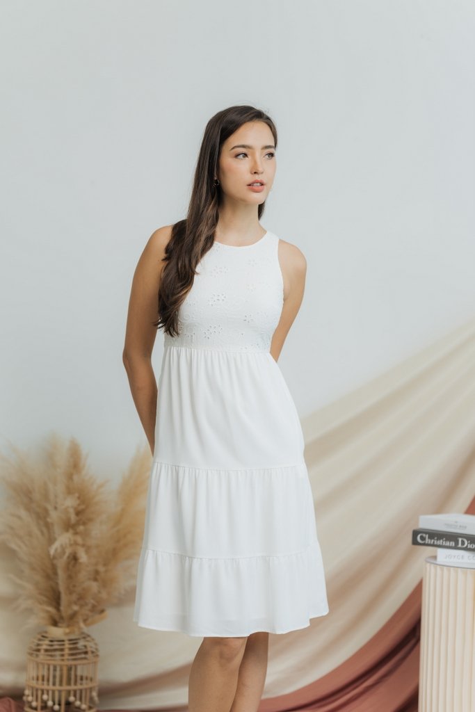 Carrie Eyelet Tiered Midi Dress in White (M)