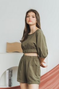 Kylie Cotton Elastic Crop Top in Olive
