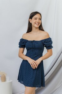 Dione Eyelet Ribbon Dress in Teal (XS)