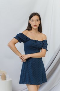 Dione Eyelet Ribbon Dress in Teal (XS)