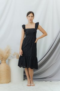 Landy Ruffled Eyelet Midi Dress in Black (XS)