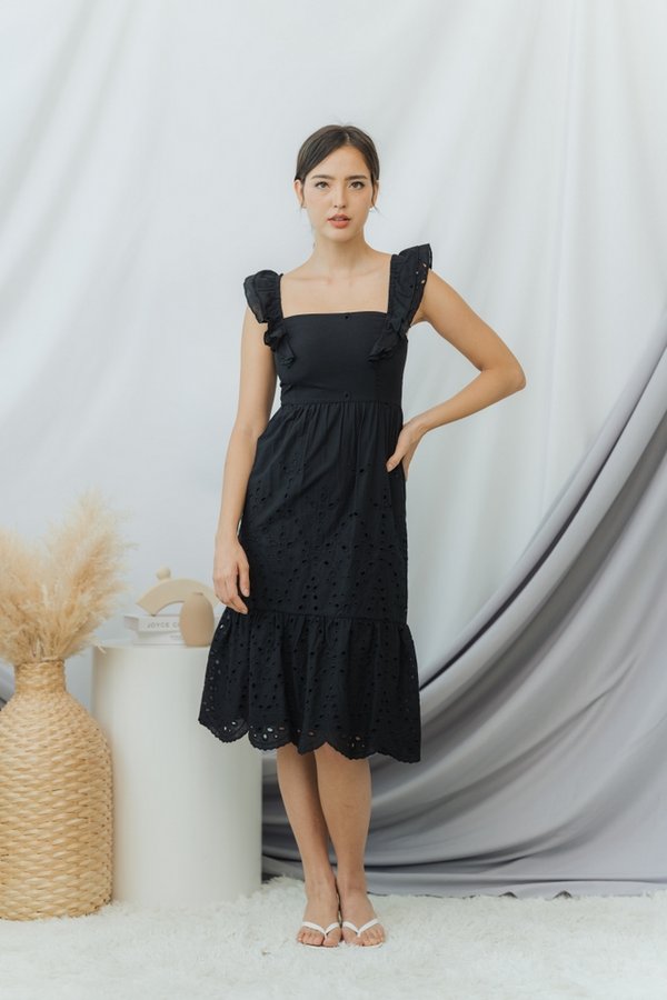 Landy Ruffled Eyelet Midi Dress in Black (XS)