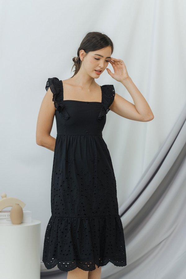 Landy Ruffled Eyelet Midi Dress in Black (XS)
