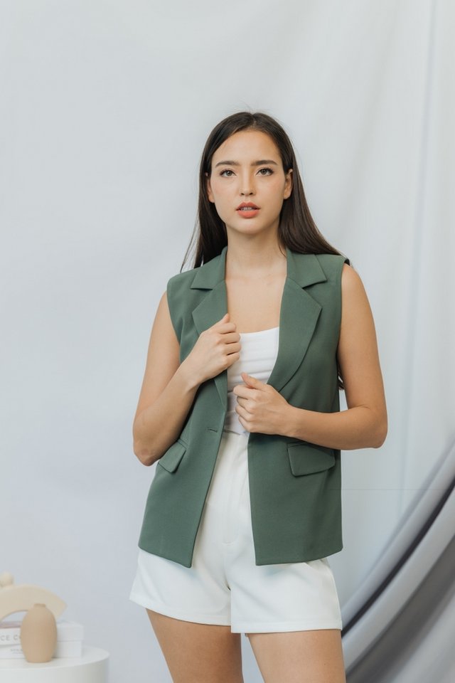 Zoe Button Padded Vest in Olive Green (XL)