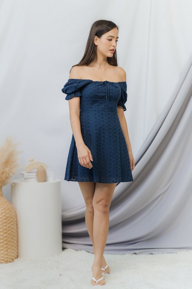 Dione Eyelet Ribbon Dress in Teal