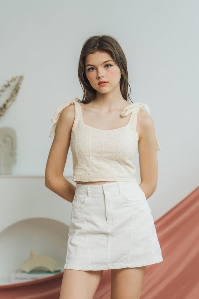 Rachel Broderie Self Tie Ribbon Top in Cream