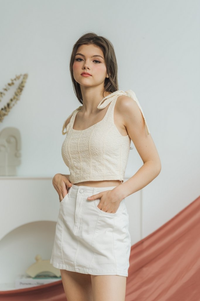 Rachel Broderie Self Tie Ribbon Top in Cream