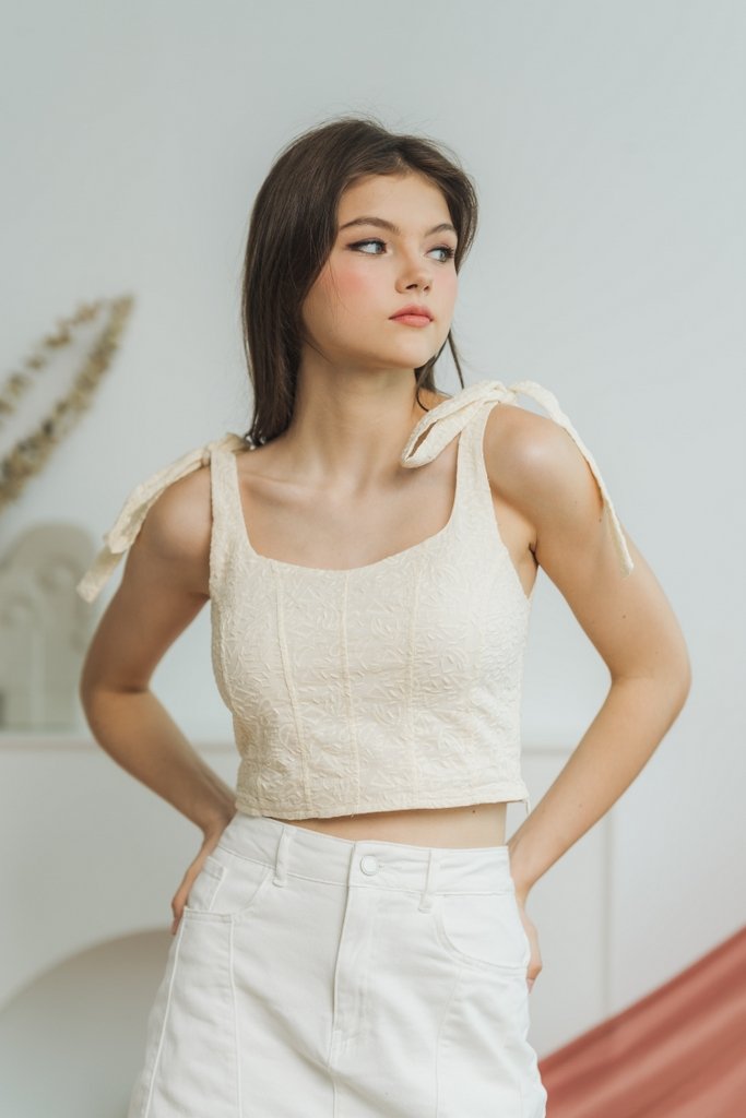 Rachel Broderie Self Tie Ribbon Top in Cream