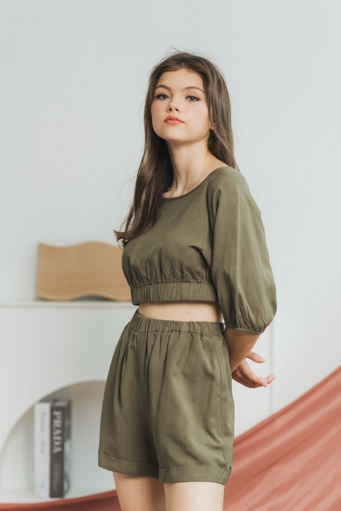 Kylie Cotton Elastic Crop Top in Olive
