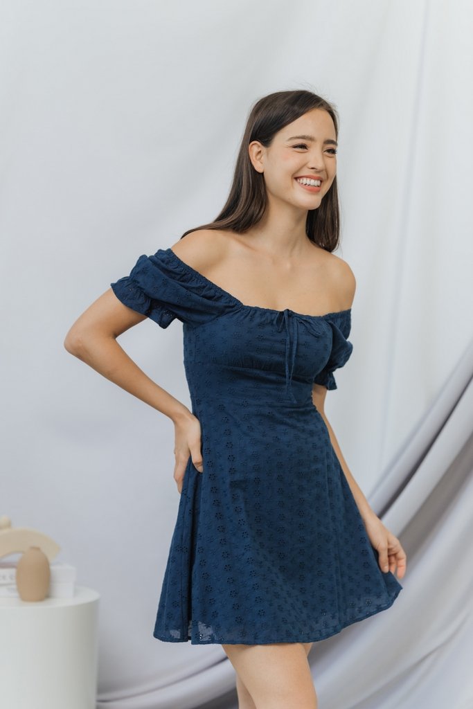 Dione Eyelet Ribbon Dress in Teal (XS)