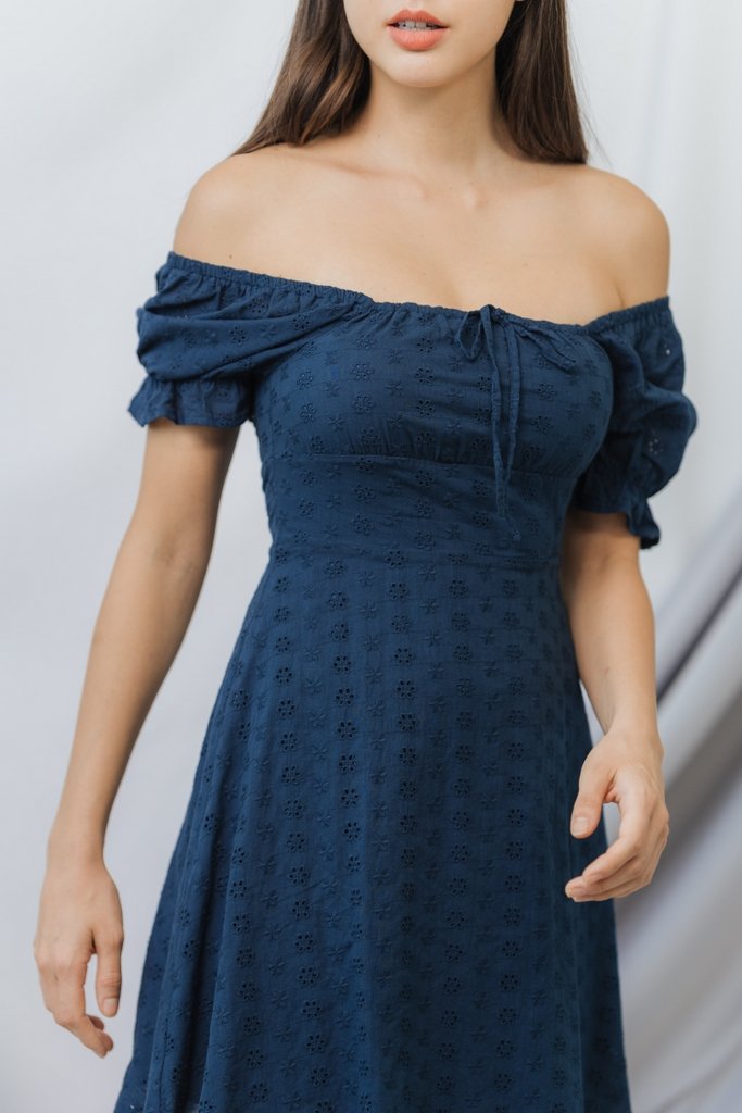 Dione Eyelet Ribbon Dress in Teal (XS)