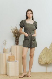 Jane Two Way Denim Romper in Olive (XS)