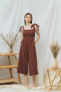 Fiona Smocked Self Tie Jumpsuit in Brown (XS)