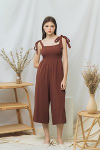 Fiona Smocked Self Tie Jumpsuit in Brown (XS)